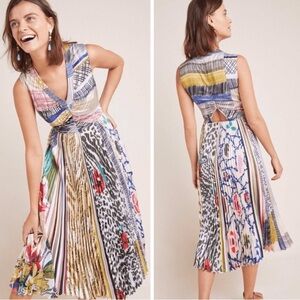 Anthropologie Multicolor Pleated V-Neck Midi Dress with Mixed Prints